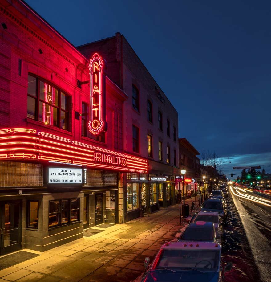 Exterior shot of The Rialt, an event space located just down the street from our downtown Bozeman hotel